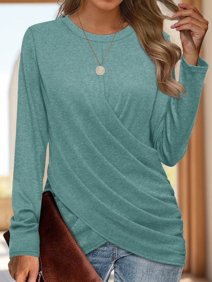 Ruched Round Neck Long Sleeve T-Shirt - SharpDuds