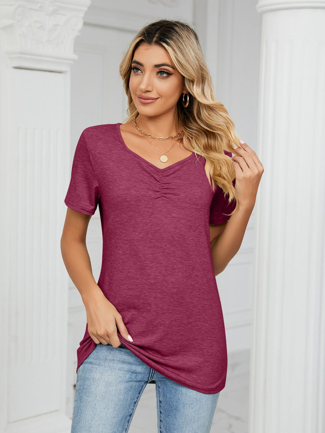 Ruched V - Neck Short Sleeve T-Shirt - SharpDuds