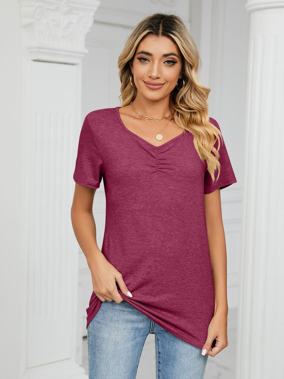 Ruched V - Neck Short Sleeve T-Shirt - SharpDuds