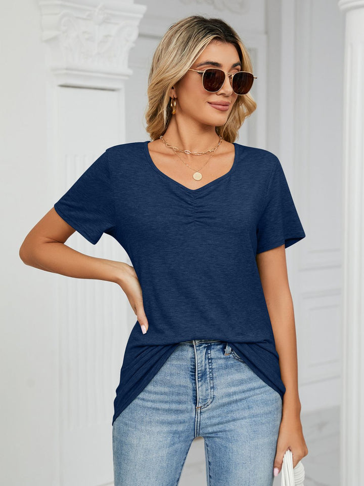 Ruched V - Neck Short Sleeve T-Shirt - SharpDuds