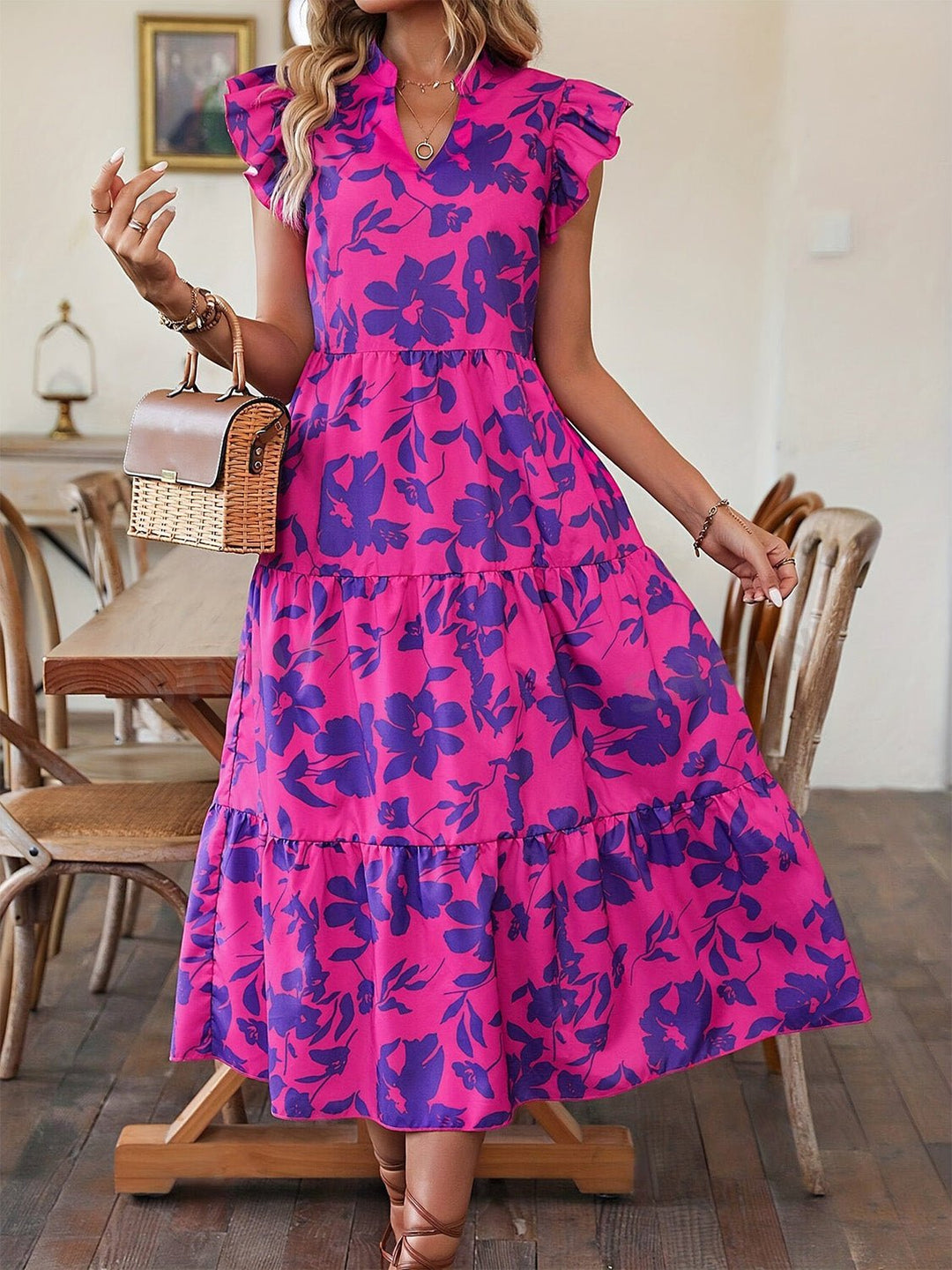 Ruffled Printed Cap Sleeve Midi Dress - SharpDuds