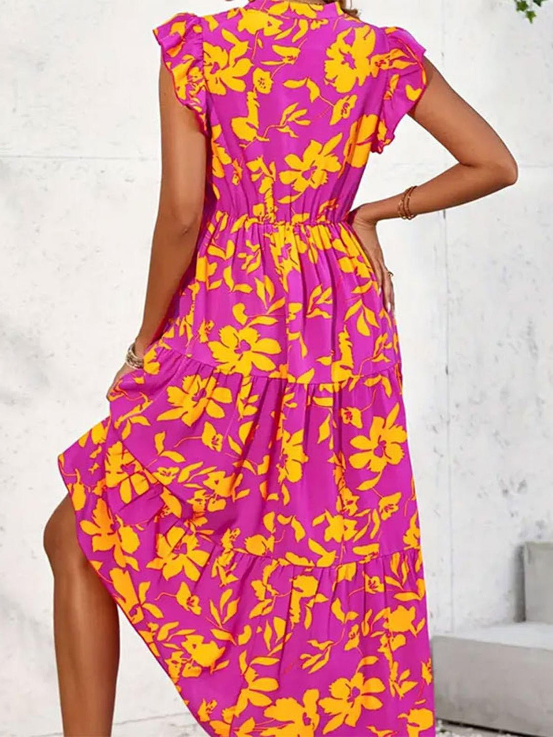 Ruffled Printed Cap Sleeve Midi Dress - SharpDuds