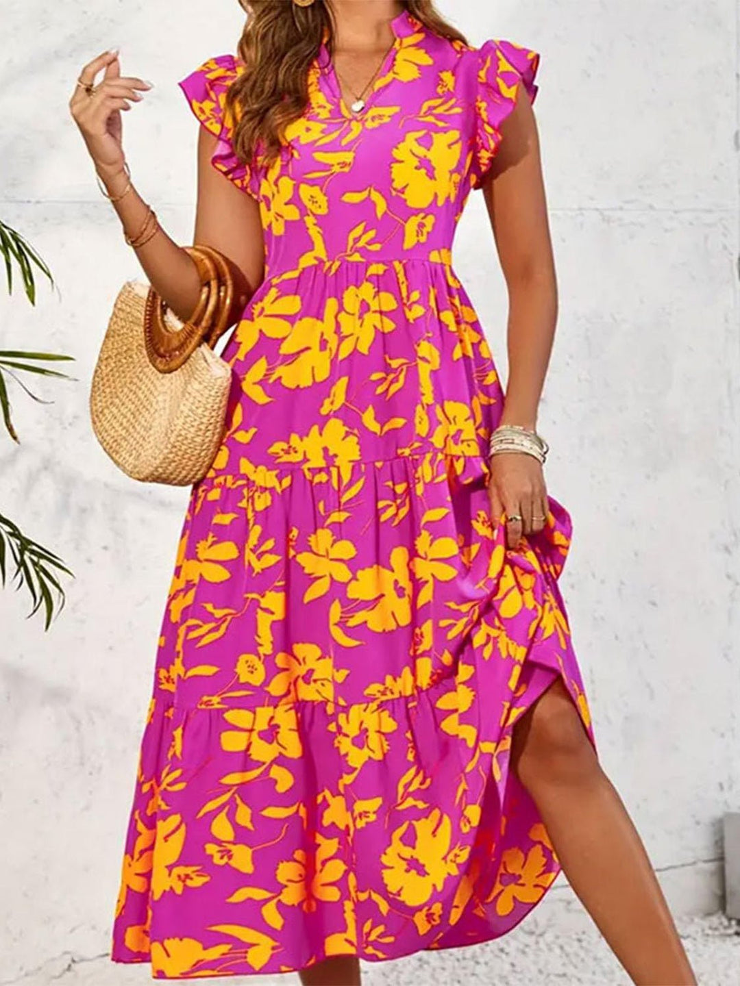 Ruffled Printed Cap Sleeve Midi Dress - SharpDuds