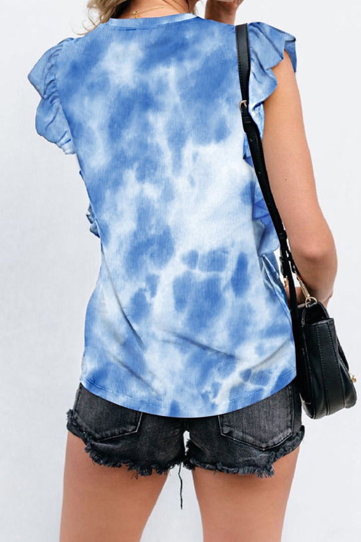 Ruffled Printed Round Neck Cap Sleeve T-Shirt - SharpDuds