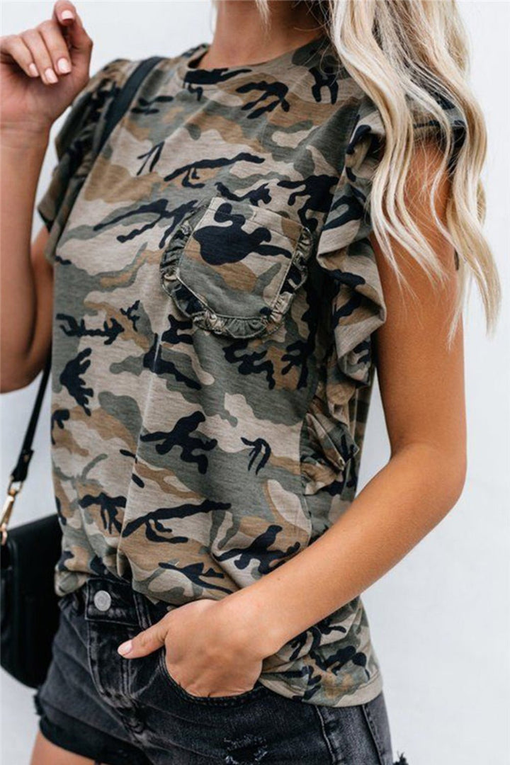 Ruffled Printed Round Neck Cap Sleeve T-Shirt - SharpDuds