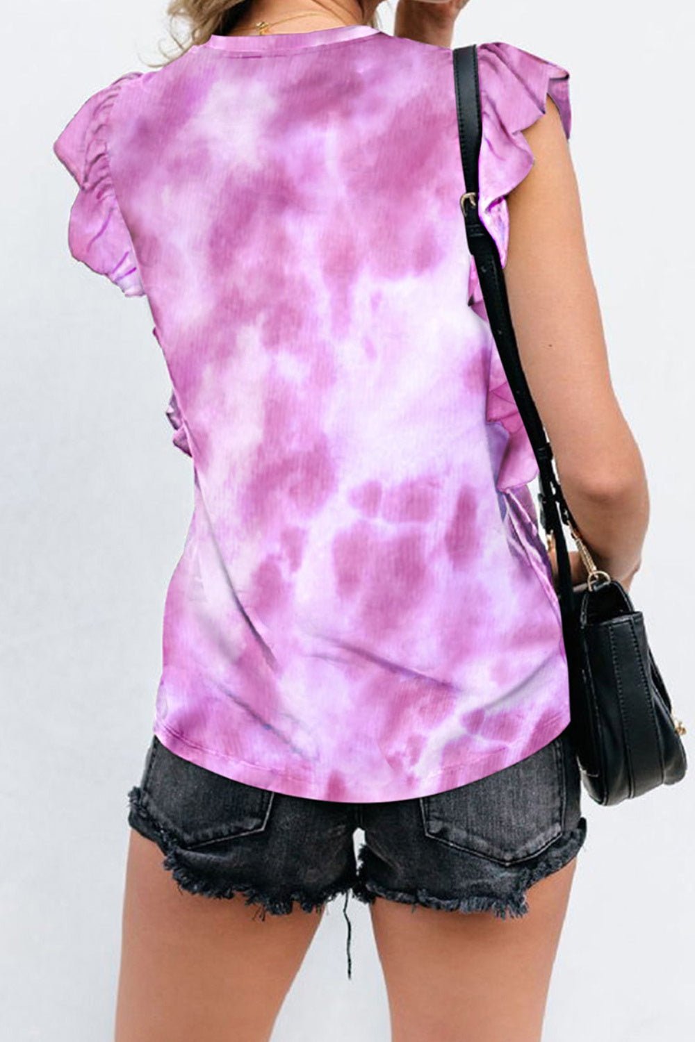 Ruffled Printed Round Neck Cap Sleeve T-Shirt - SharpDuds