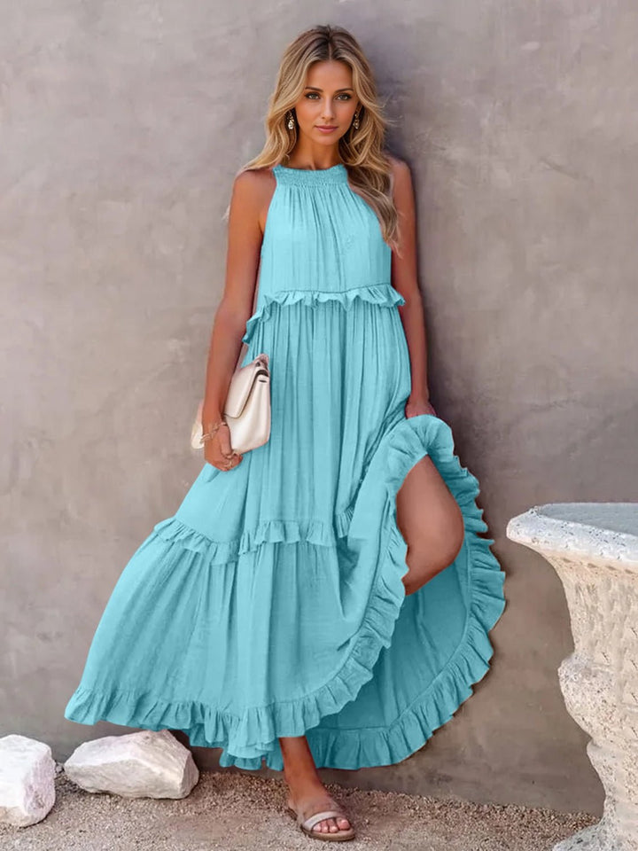 Ruffled Sleeveless Tiered Maxi Dress with Pockets - SharpDuds