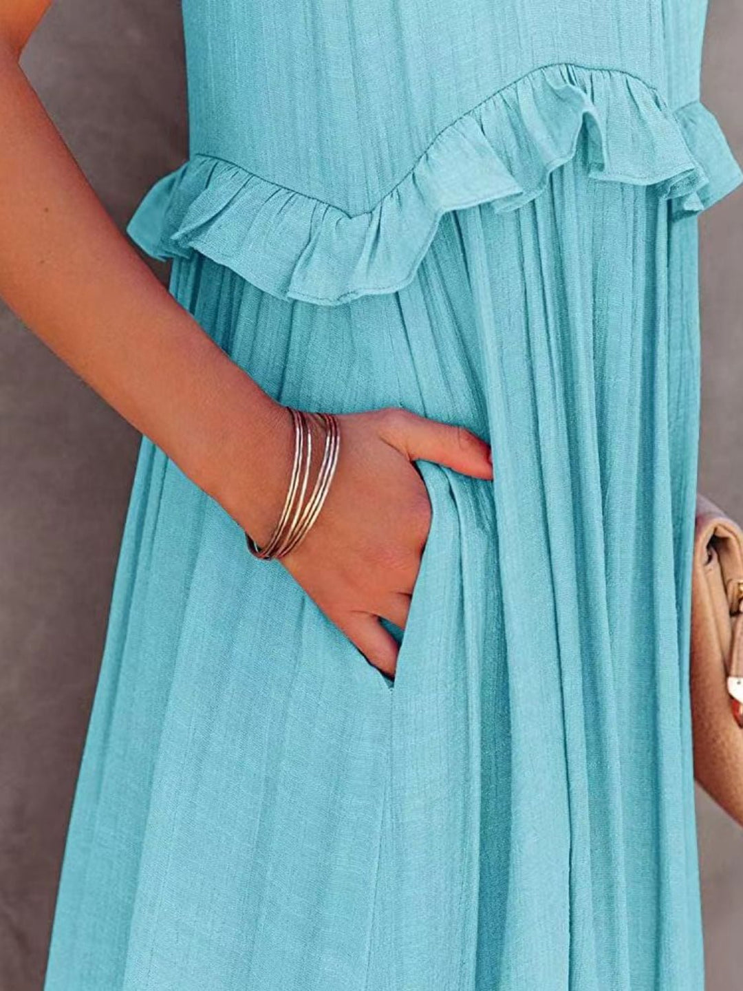 Ruffled Sleeveless Tiered Maxi Dress with Pockets - SharpDuds