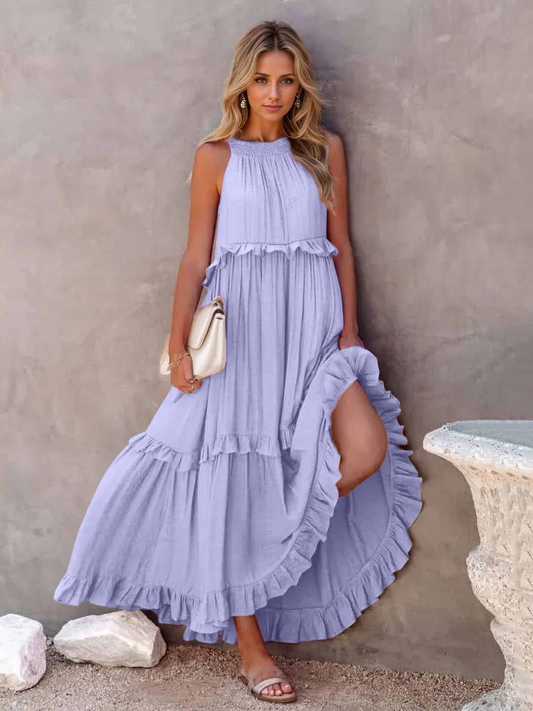 Ruffled Sleeveless Tiered Maxi Dress with Pockets - SharpDuds