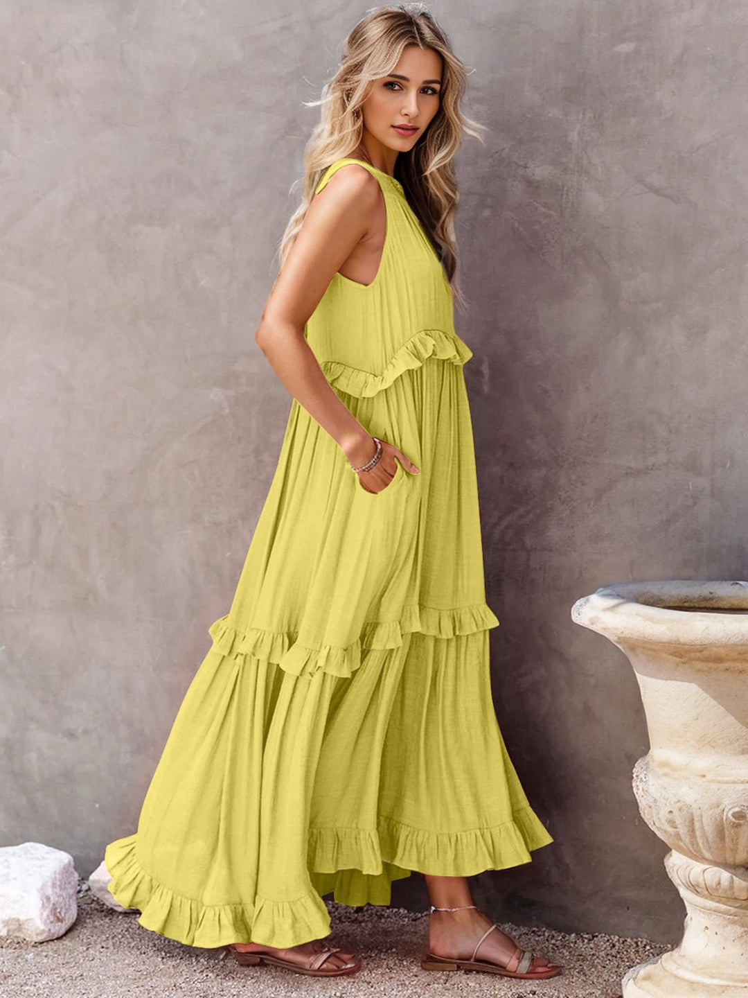 Ruffled Sleeveless Tiered Maxi Dress with Pockets - SharpDuds