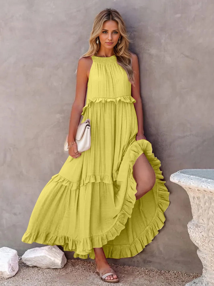 Ruffled Sleeveless Tiered Maxi Dress with Pockets - SharpDuds