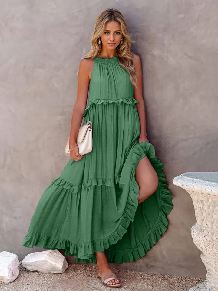 Ruffled Sleeveless Tiered Maxi Dress with Pockets - SharpDuds