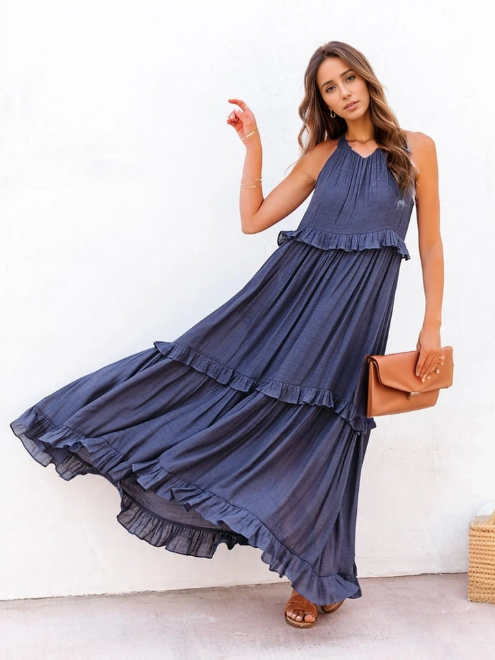 Ruffled Sleeveless Tiered Maxi Dress with Pockets - SharpDuds