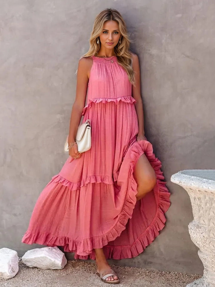 Ruffled Sleeveless Tiered Maxi Dress with Pockets - SharpDuds