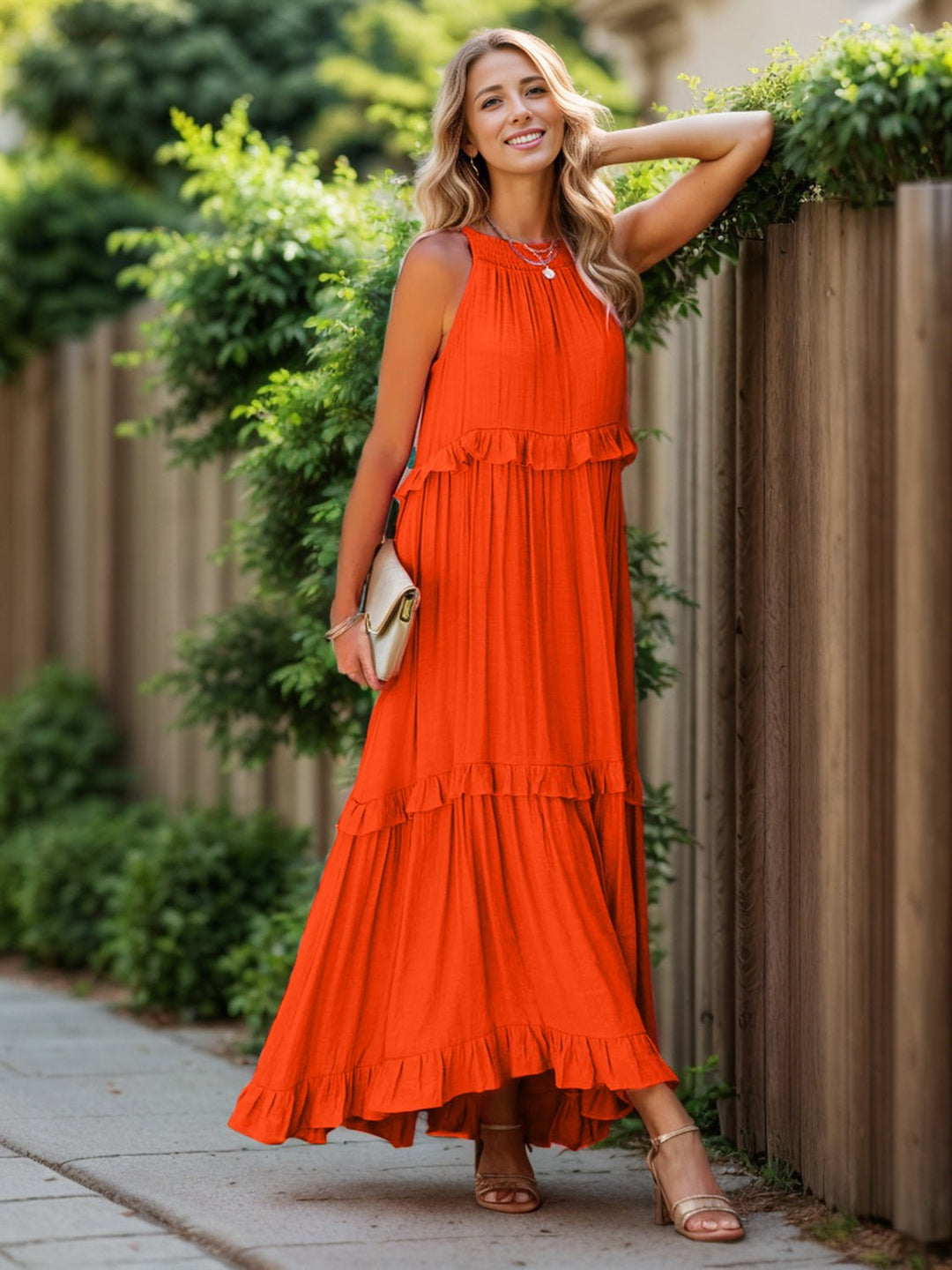 Ruffled Sleeveless Tiered Maxi Dress with Pockets - SharpDuds