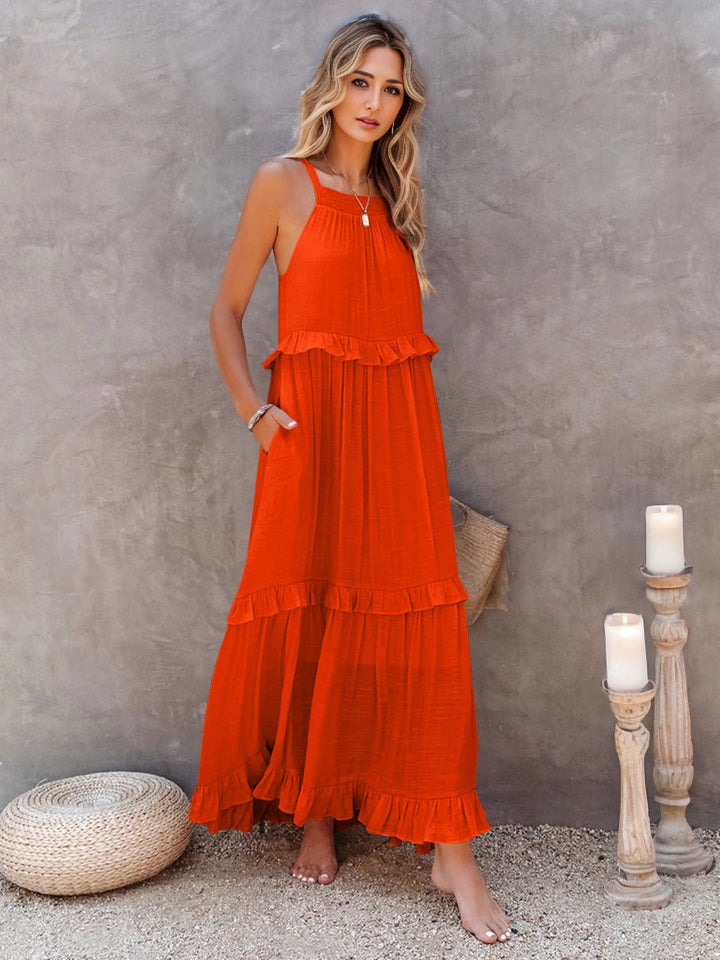 Ruffled Sleeveless Tiered Maxi Dress with Pockets - SharpDuds