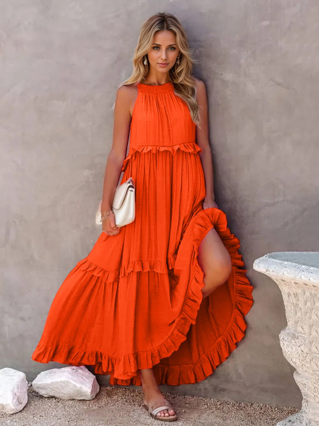 Ruffled Sleeveless Tiered Maxi Dress with Pockets - SharpDuds