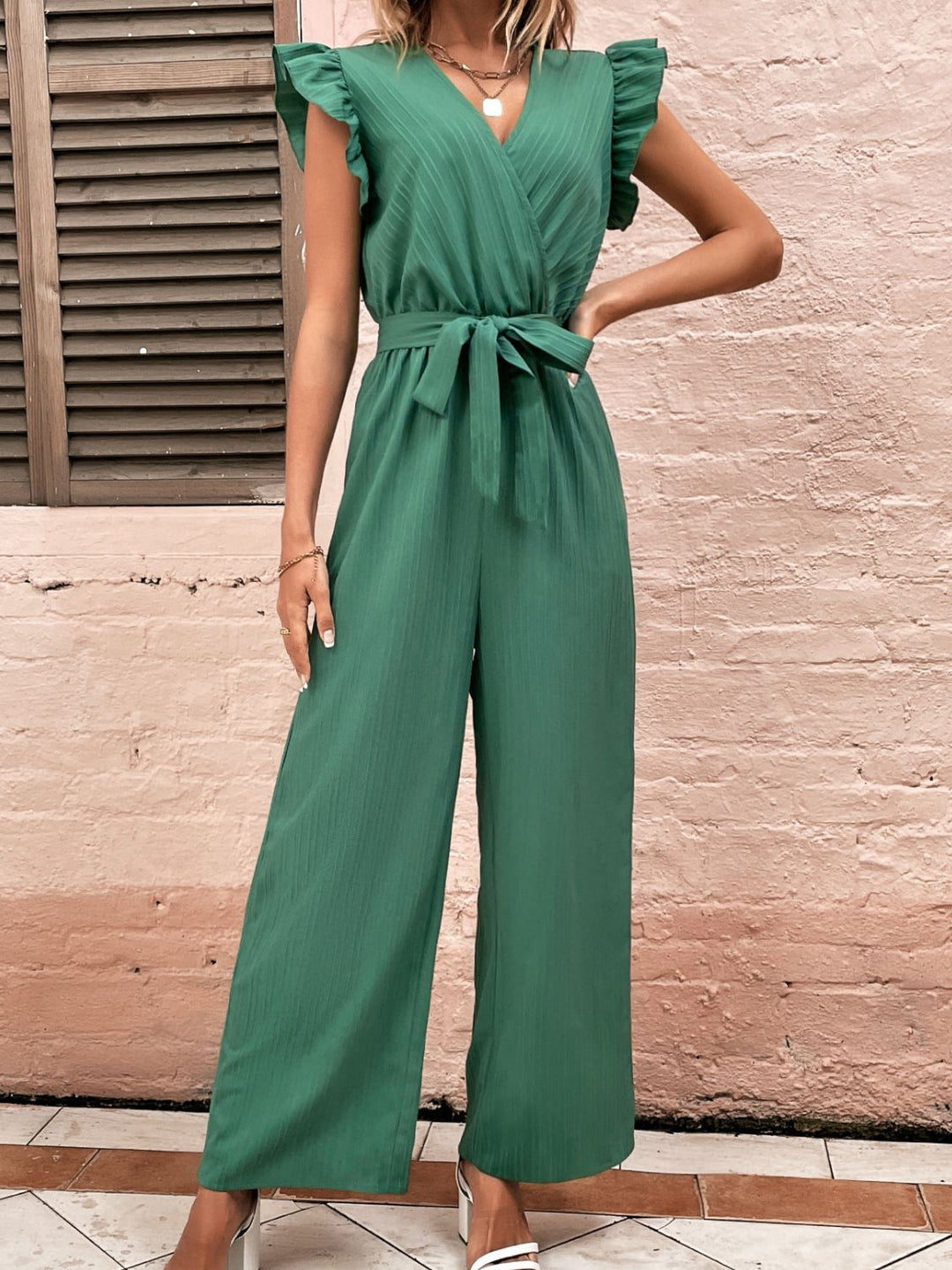 Ruffled Surplice Cap Sleeve Jumpsuit - SharpDuds