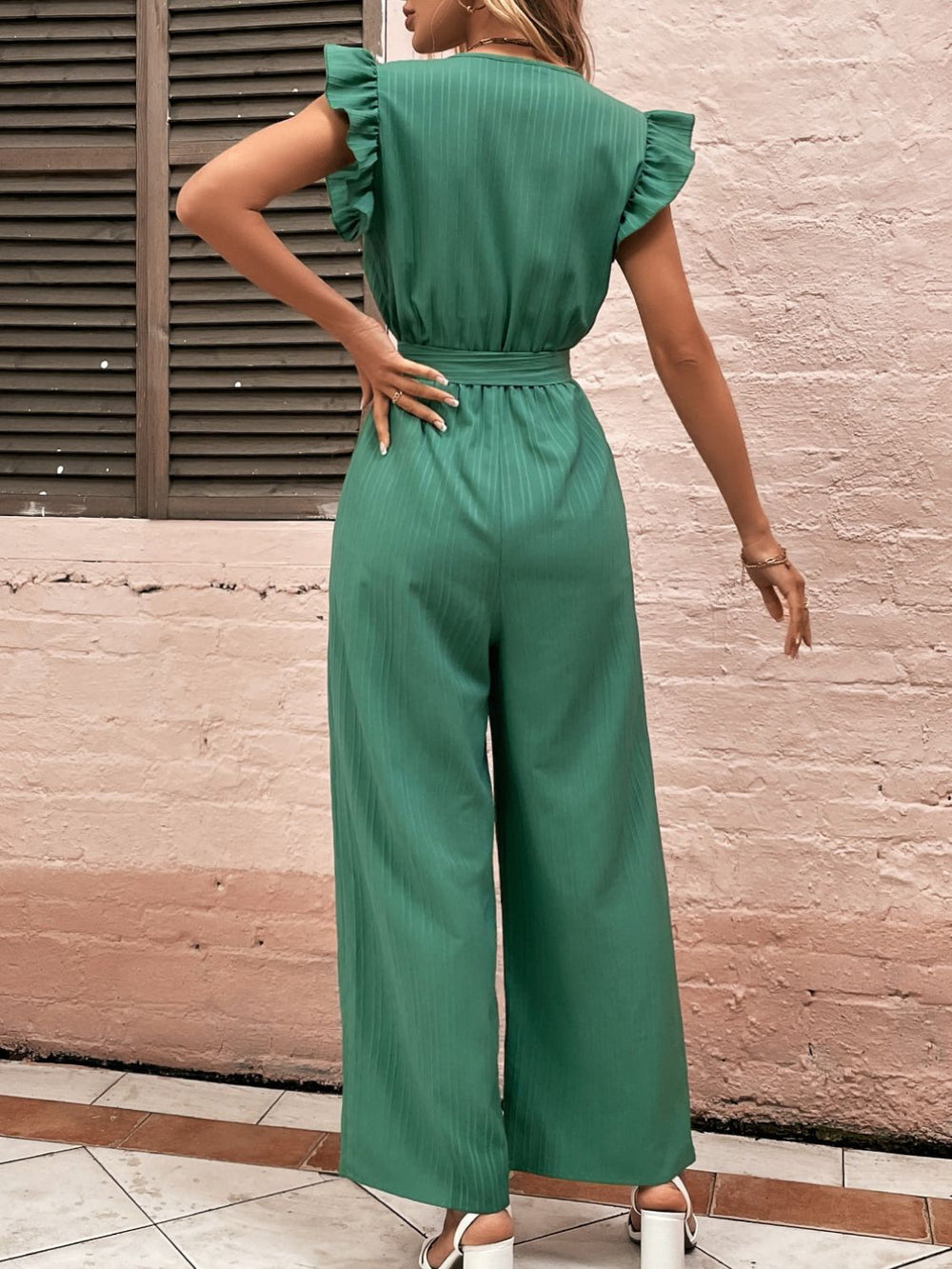 Ruffled Surplice Cap Sleeve Jumpsuit - SharpDuds