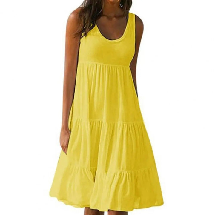 Sleeveless Solid Color O Neck Midi Dress - www.SharpDuds.com