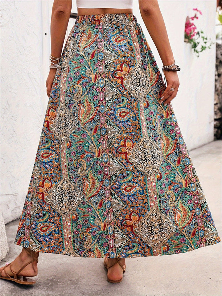 Slit Printed Elastic Waist Skirt - SharpDuds