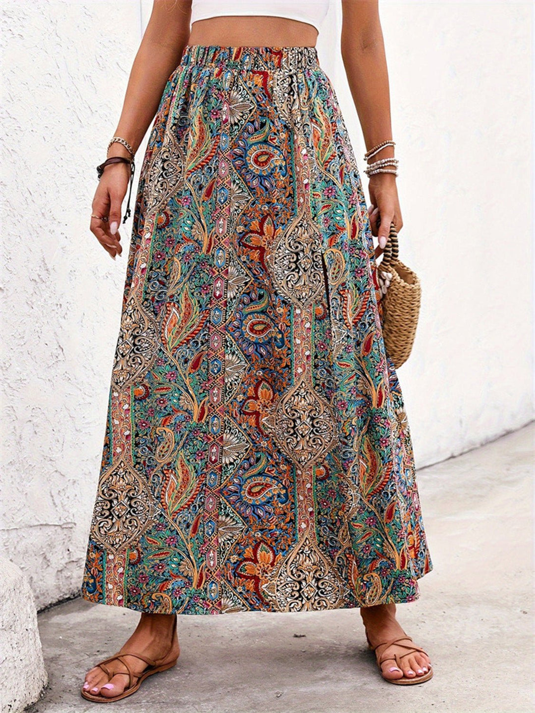 Slit Printed Elastic Waist Skirt - SharpDuds