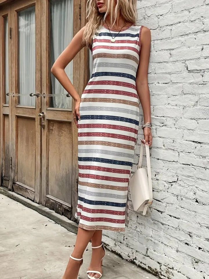 Slit Printed Round Neck Sleeveless Dress - SharpDuds