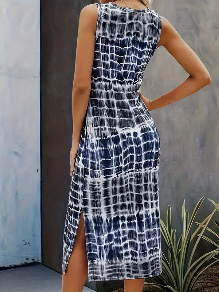 Slit Printed Round Neck Sleeveless Dress - SharpDuds