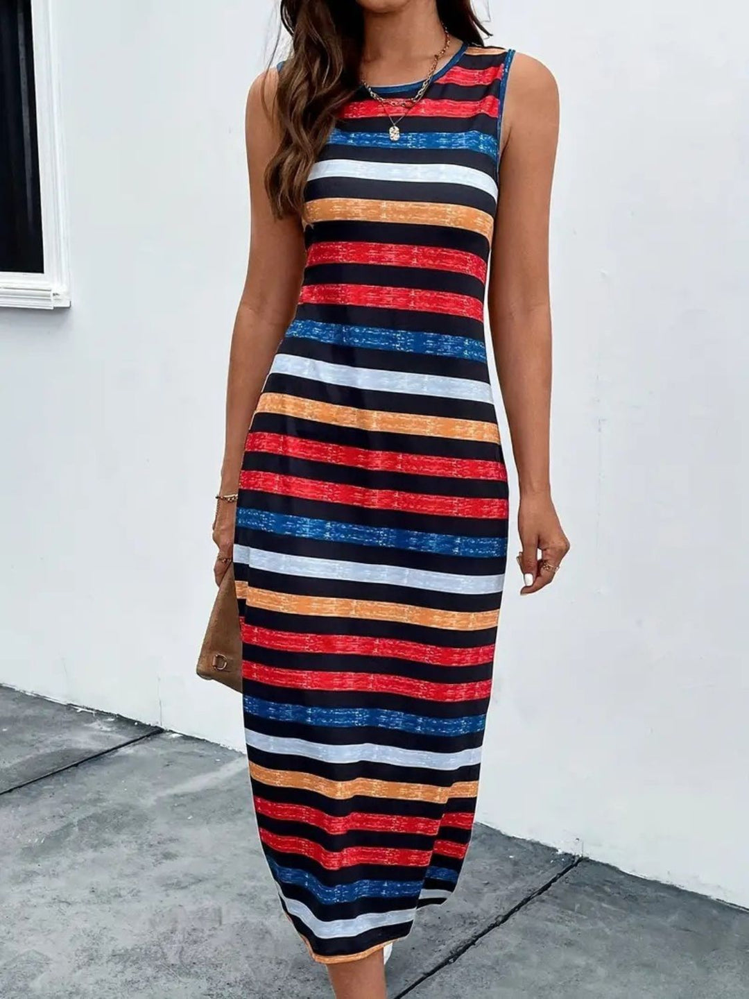 Slit Printed Round Neck Sleeveless Dress - SharpDuds