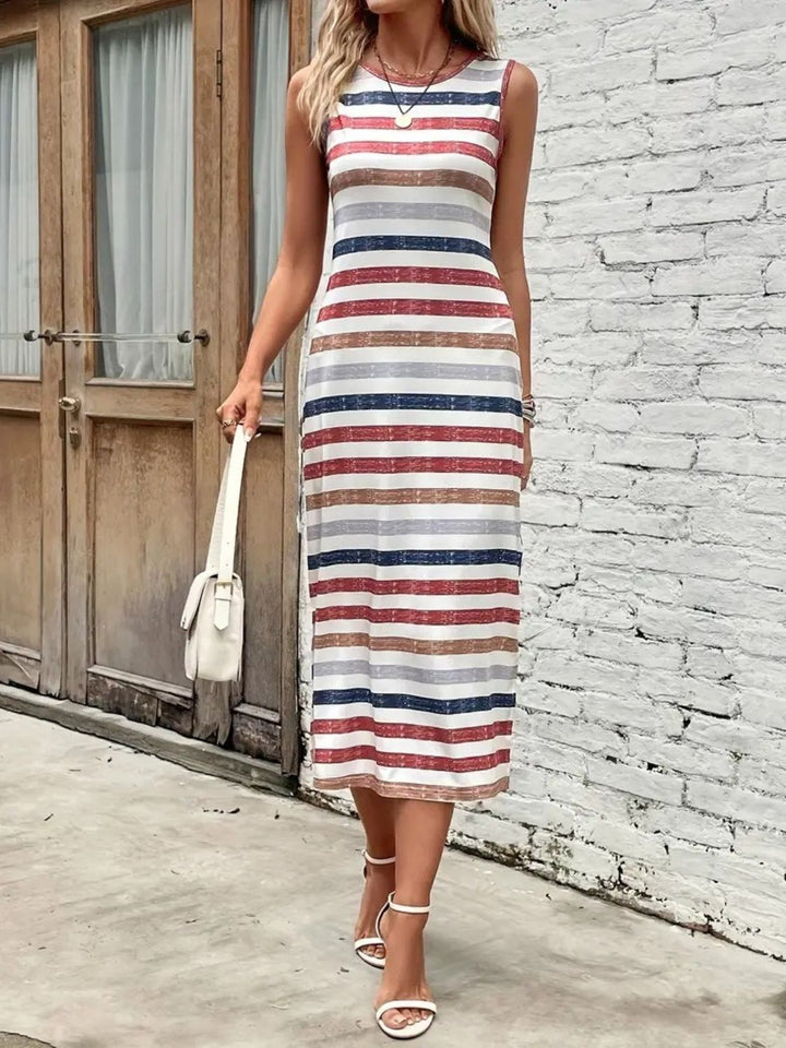 Slit Printed Round Neck Sleeveless Dress - SharpDuds