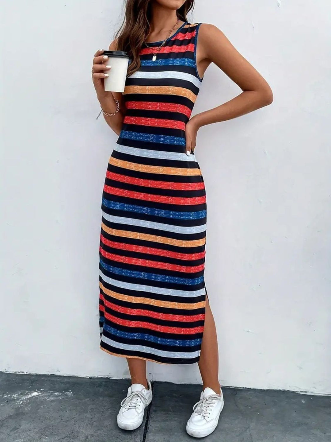 Slit Printed Round Neck Sleeveless Dress - SharpDuds