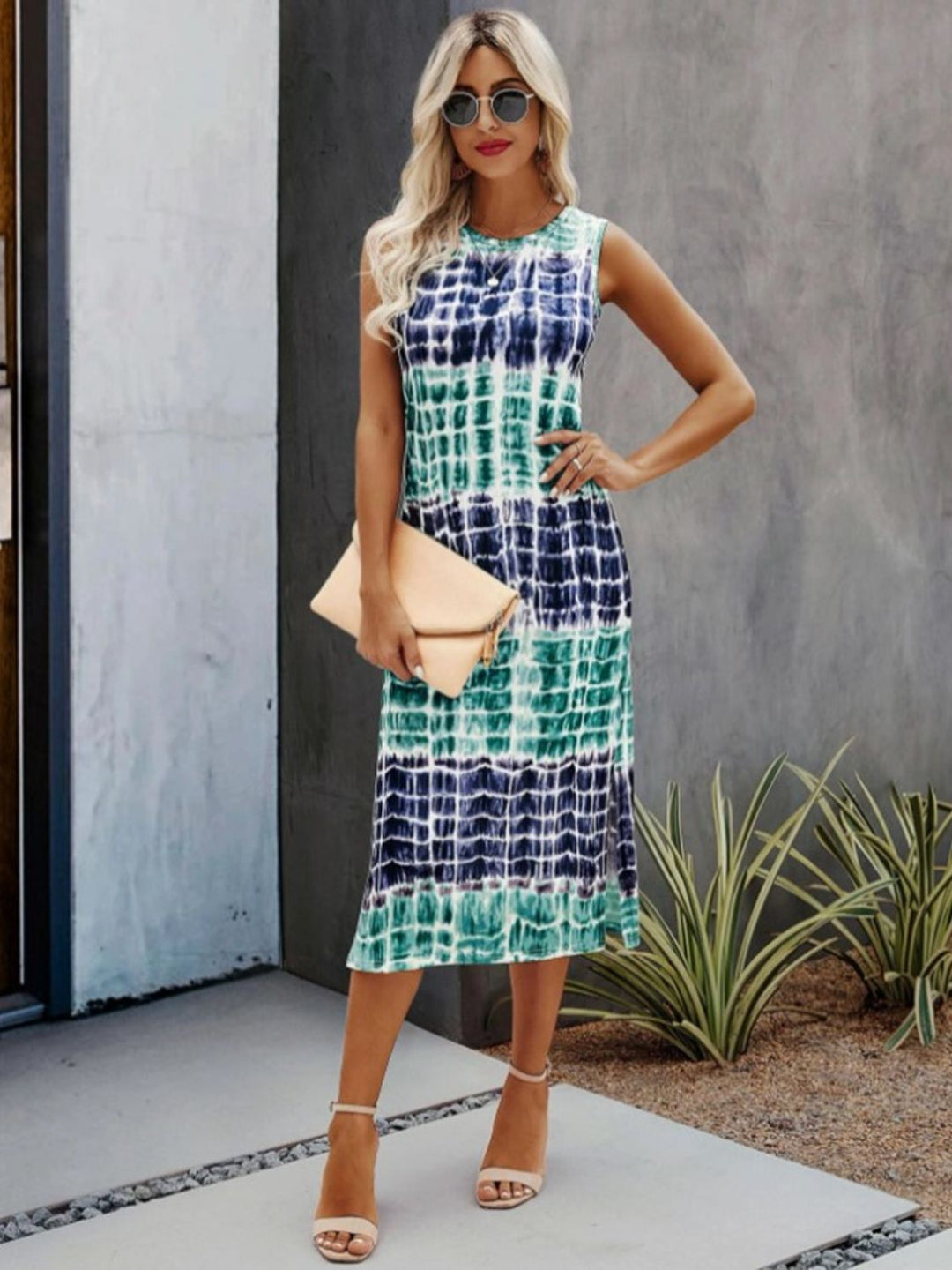 Slit Printed Round Neck Sleeveless Dress - SharpDuds