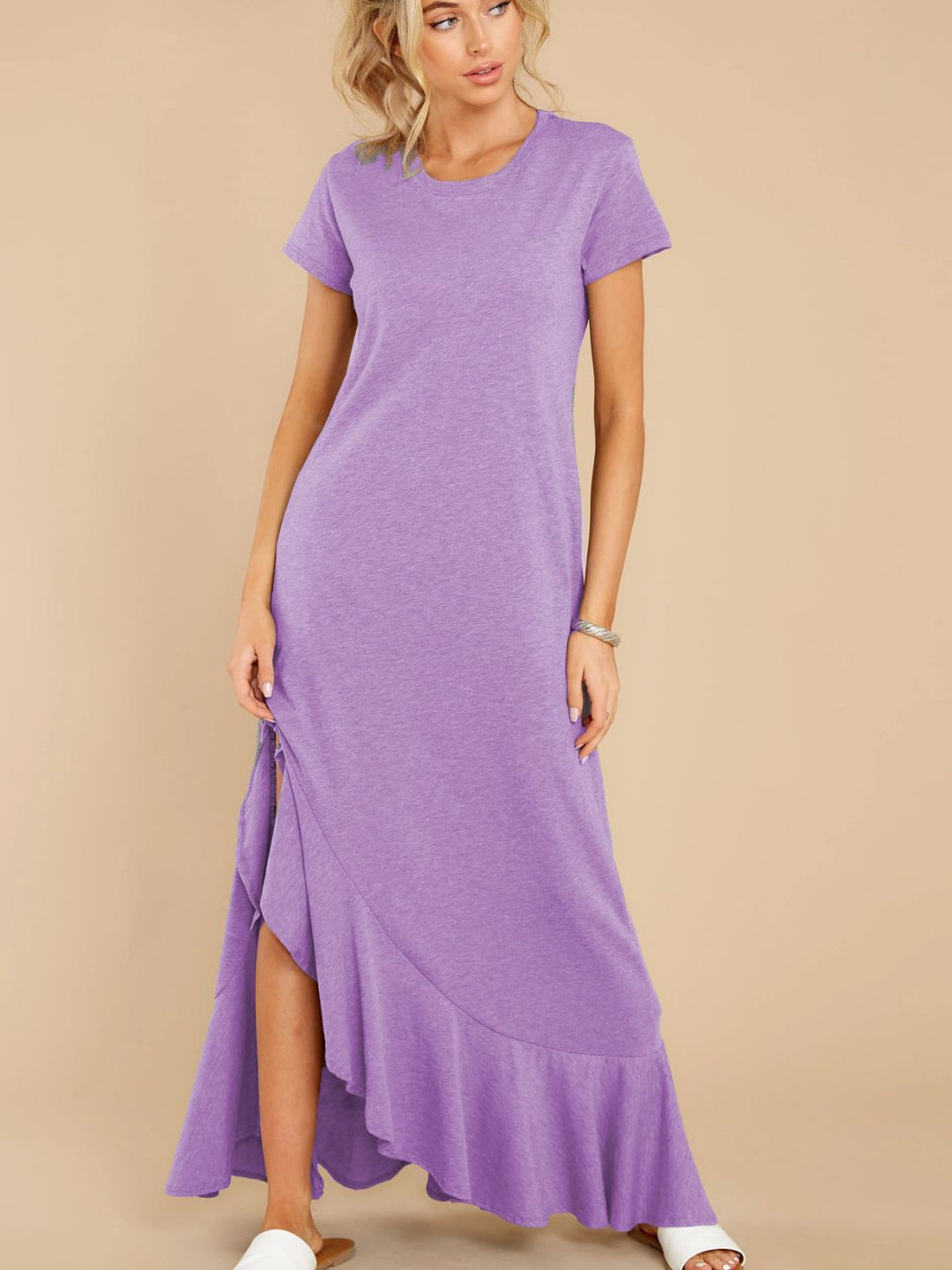 Slit Round Neck Short Sleeve Maxi Dress - SharpDuds