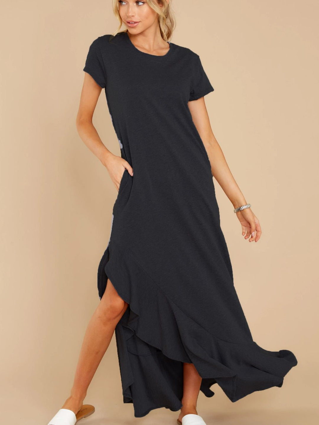 Slit Round Neck Short Sleeve Maxi Dress - SharpDuds