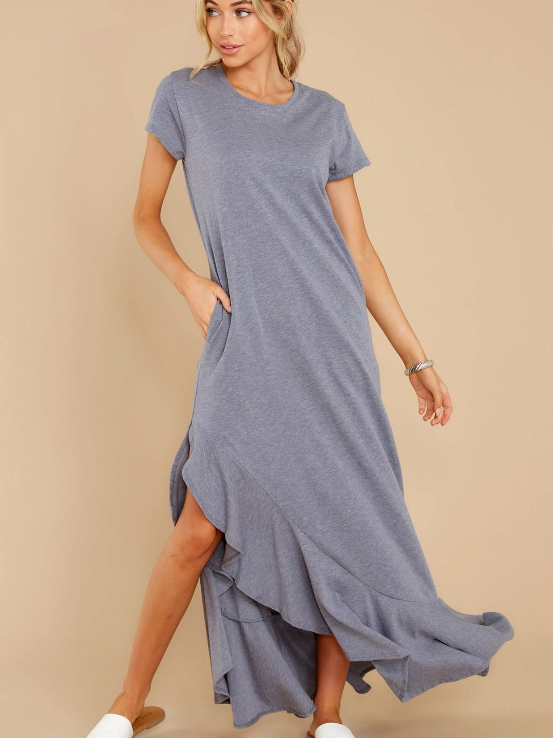 Slit Round Neck Short Sleeve Maxi Dress - SharpDuds