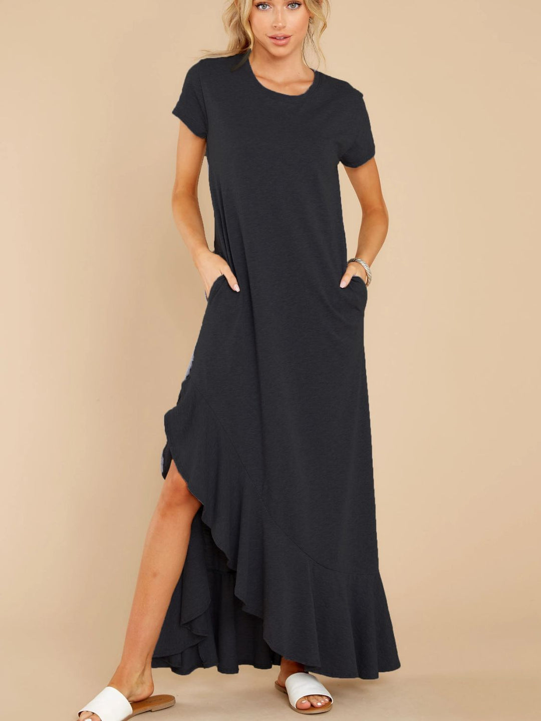 Slit Round Neck Short Sleeve Maxi Dress - SharpDuds