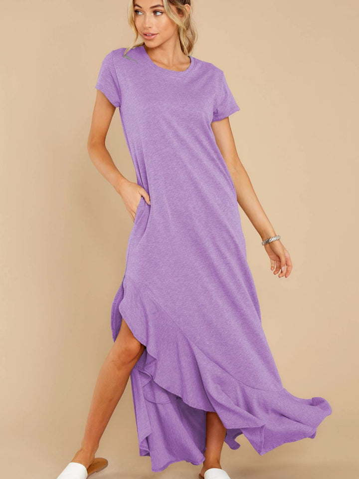 Slit Round Neck Short Sleeve Maxi Dress - SharpDuds