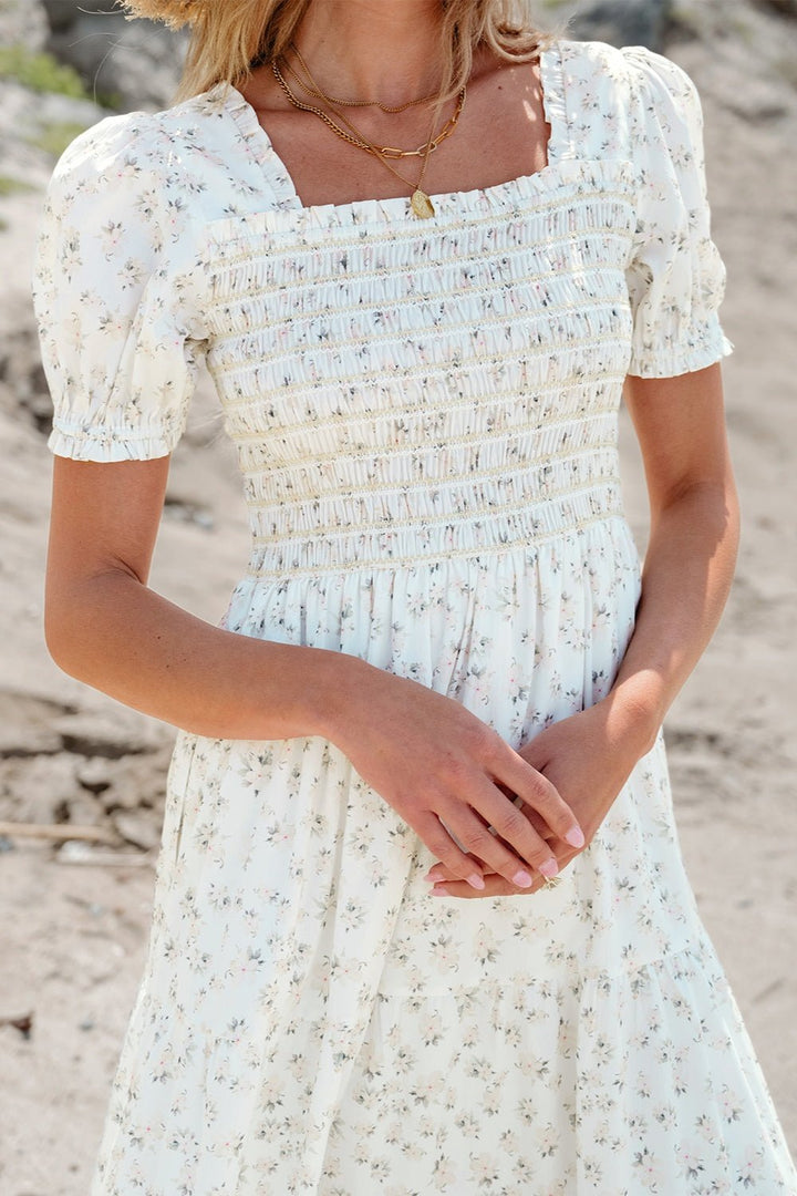 Smocked Printed Square Neck Short Sleeve Dress - SharpDuds