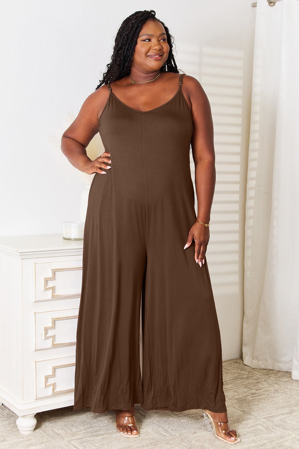 Soft Rayon Spaghetti Strap Tied Wide Leg Jumpsuit - SharpDuds