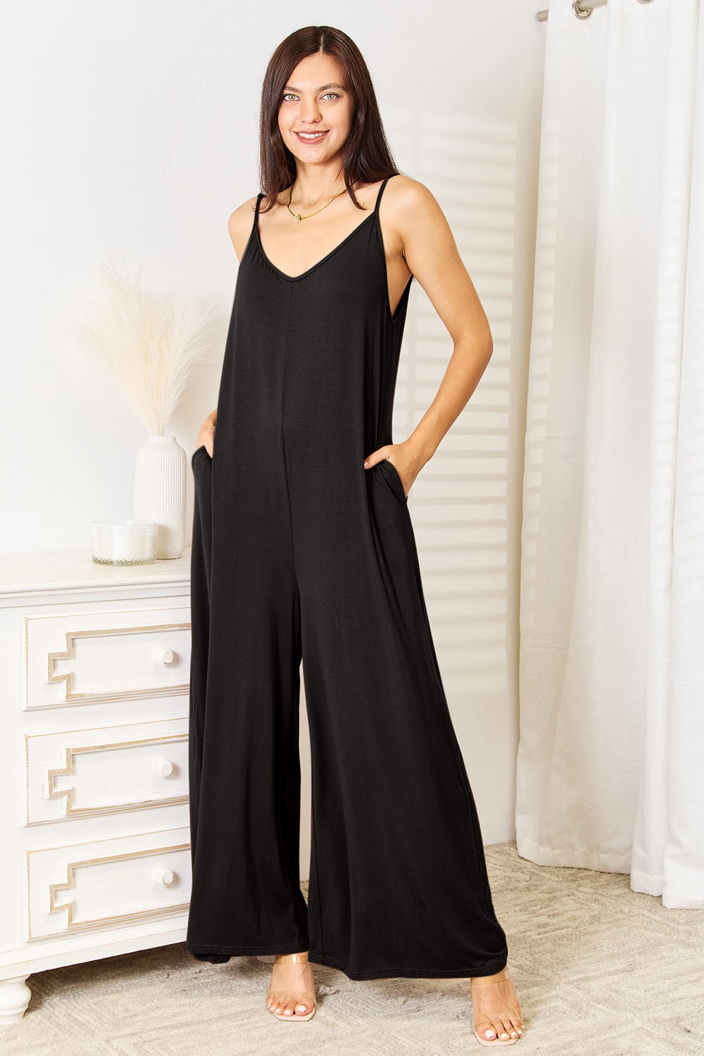 Soft Rayon Spaghetti Strap Tied Wide Leg Jumpsuit - SharpDuds