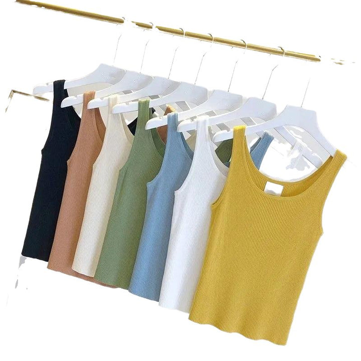 Solid Color Round Neck Summer Basic Knitted Tank Top - www.SharpDuds.com