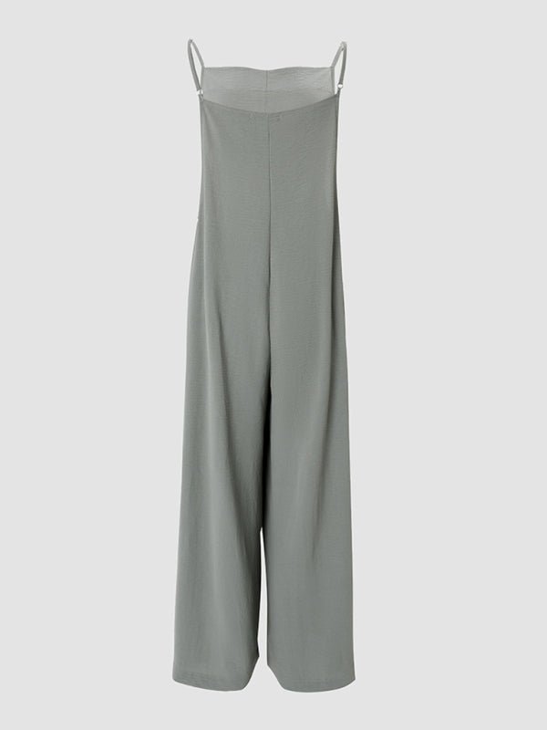 Solid Color Suspender Jumpsuit Wide Leg Pants - SharpDuds