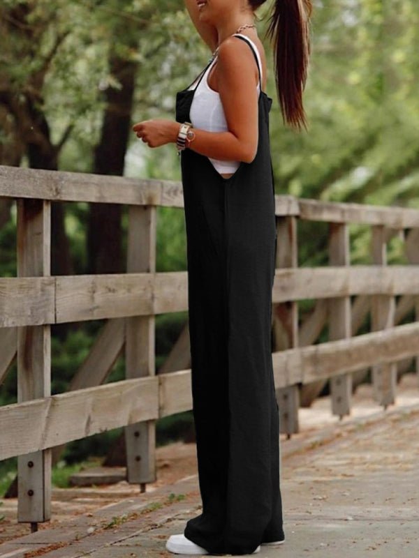 Solid Color Suspender Jumpsuit Wide Leg Pants - SharpDuds