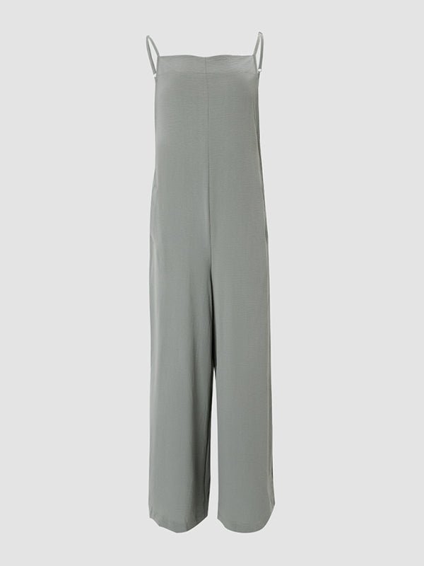 Solid Color Suspender Jumpsuit Wide Leg Pants - SharpDuds