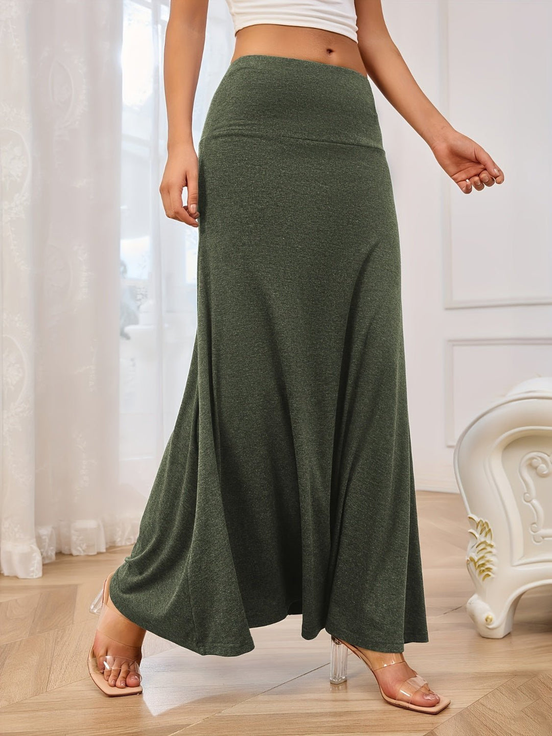 Solid Elastic Waist Maxi Skirt - SharpDuds