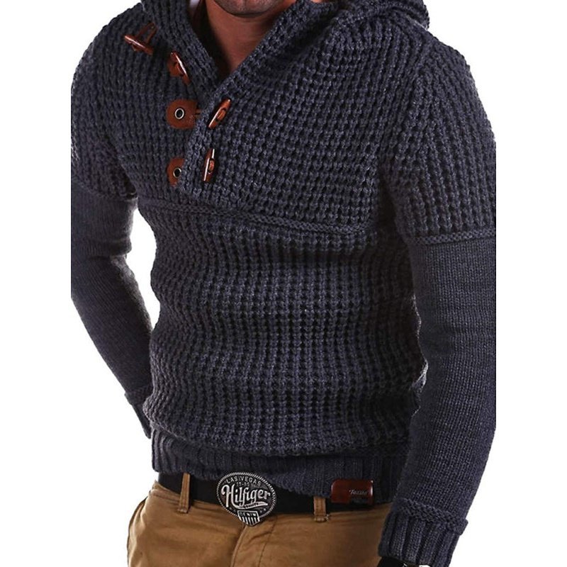 Solid Lapel Collar Diagonal Horn Button Pullover Sweater - www.SharpDuds.com