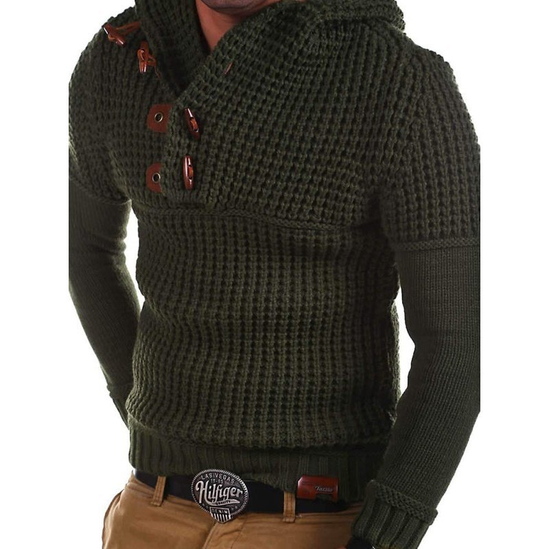 Solid Lapel Collar Diagonal Horn Button Pullover Sweater - www.SharpDuds.com