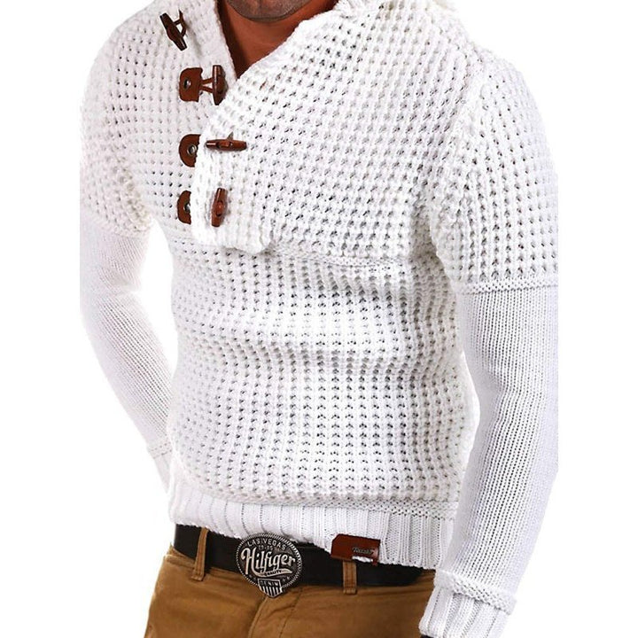 Solid Lapel Collar Diagonal Horn Button Pullover Sweater - www.SharpDuds.com