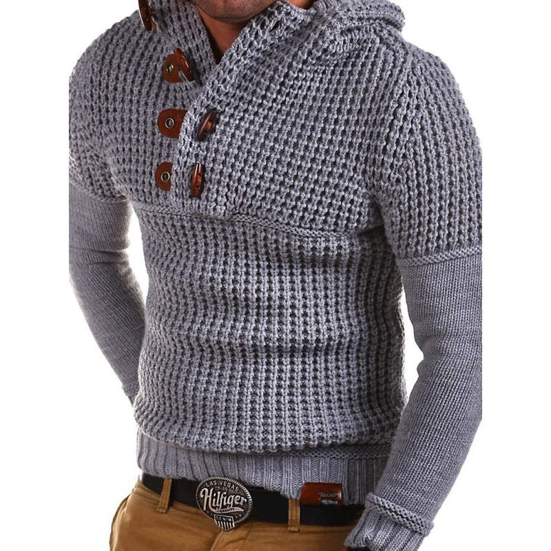 Solid Lapel Collar Diagonal Horn Button Pullover Sweater - www.SharpDuds.com