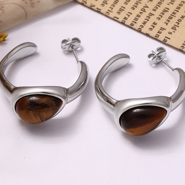 Stainless Steel Natural Tiger's Eye C - Hoop Earrings - SharpDuds